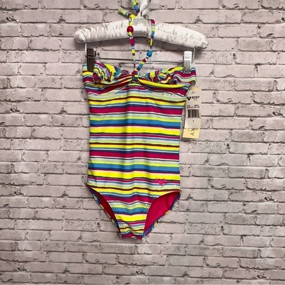 Roxy Girl Size 7 Little Girl Striped Ruffed Beads Colorful Swimsuit NEW NWT